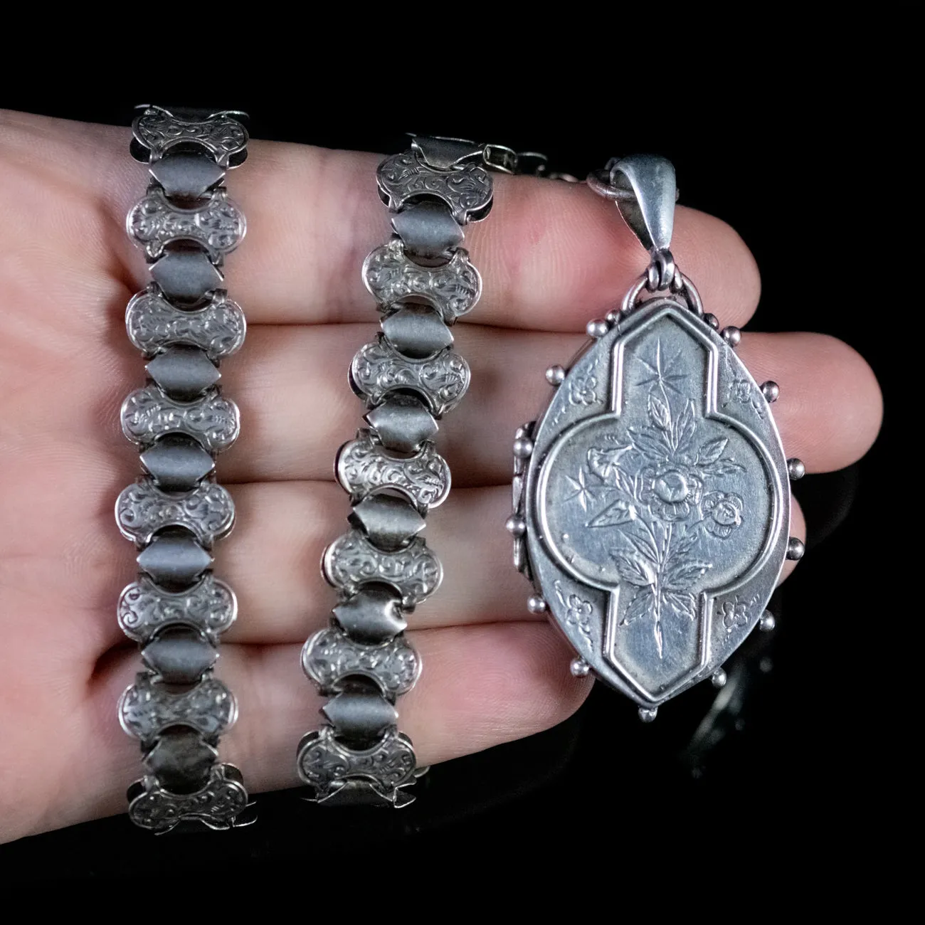 Antique Victorian Locket Collar Forget Me Not Silver Circa 1880
