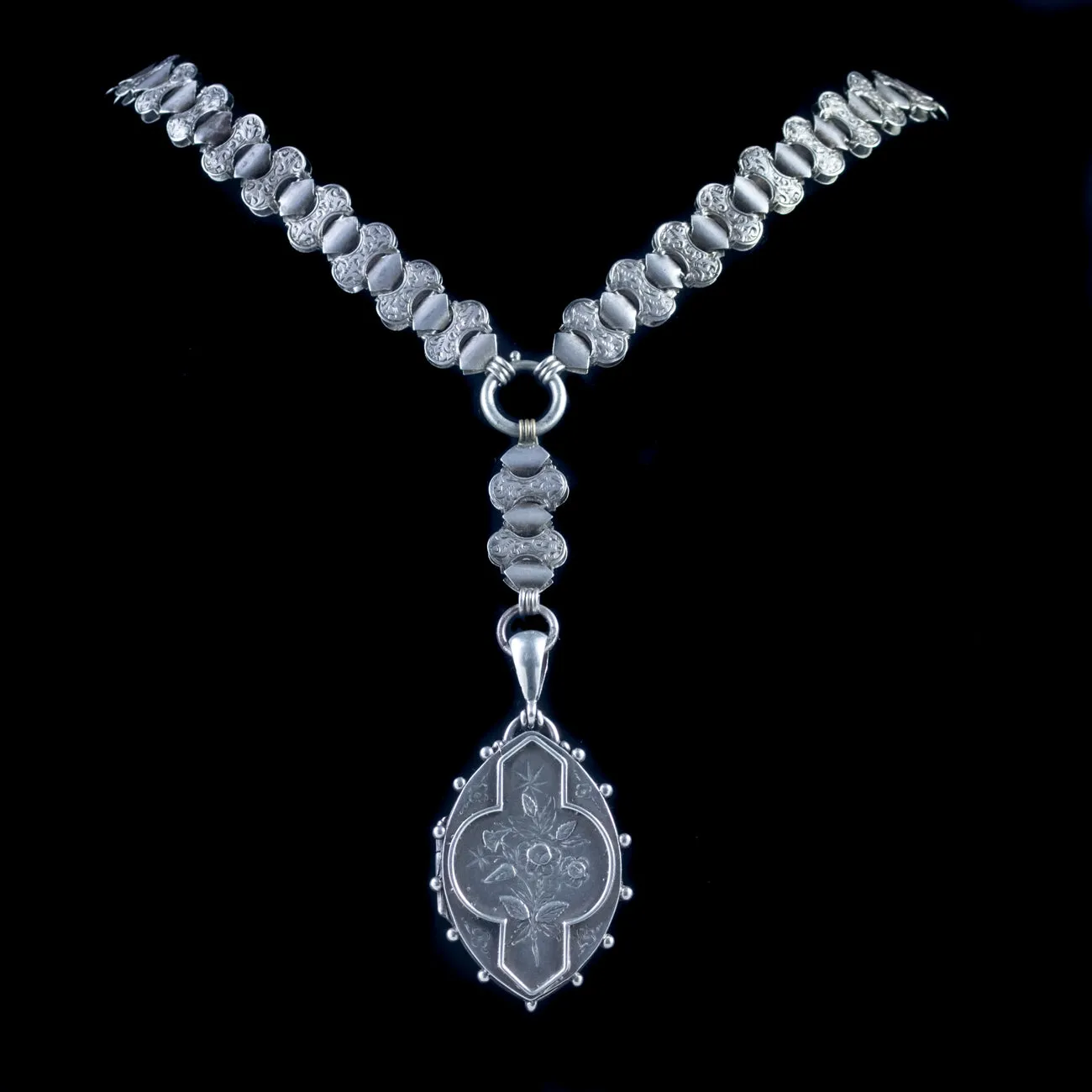 Antique Victorian Locket Collar Forget Me Not Silver Circa 1880