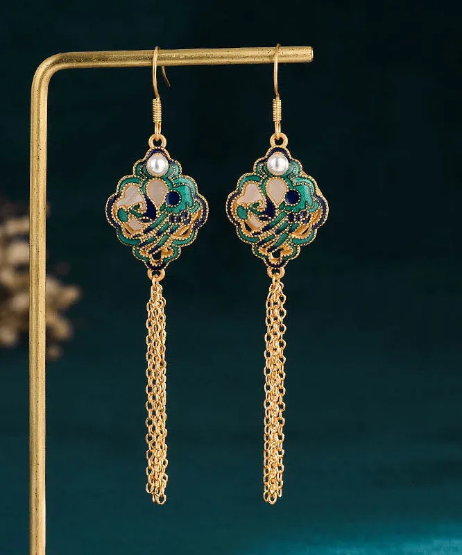 Classy Green Sterling Silver Overgild Inlaid Jade Tassel Drop Earrings LY7850
