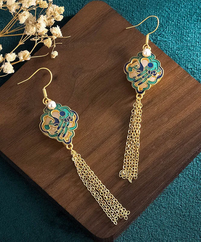 Classy Green Sterling Silver Overgild Inlaid Jade Tassel Drop Earrings LY7850