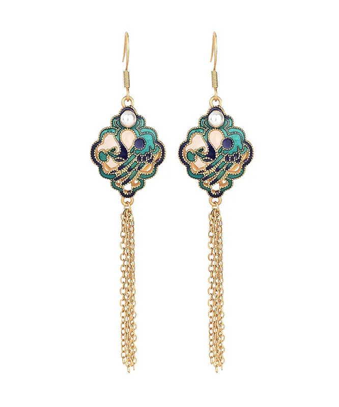 Classy Green Sterling Silver Overgild Inlaid Jade Tassel Drop Earrings LY7850