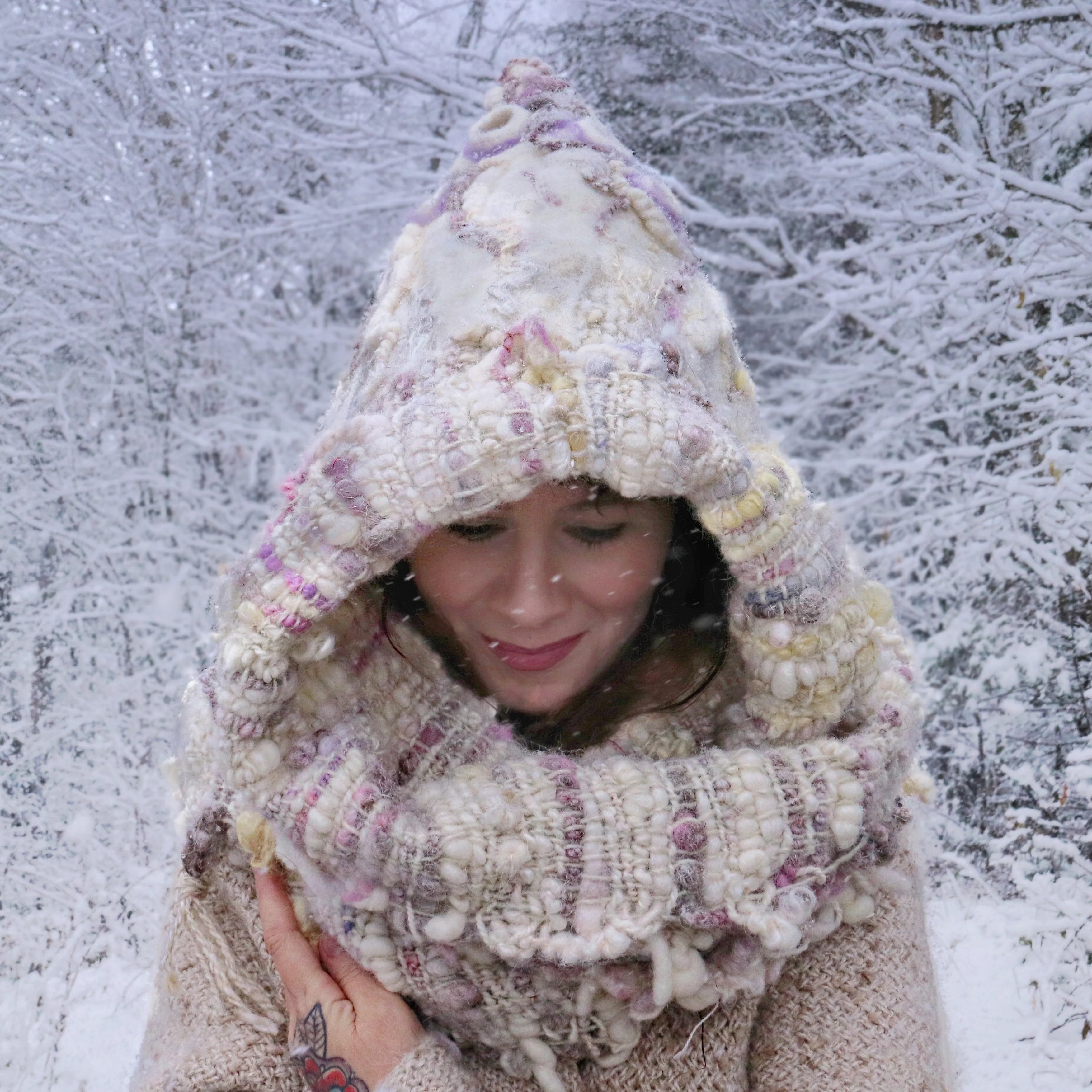 Hand woven and Felted Hooded SCARF | ready to ship | One size 35” x 10”