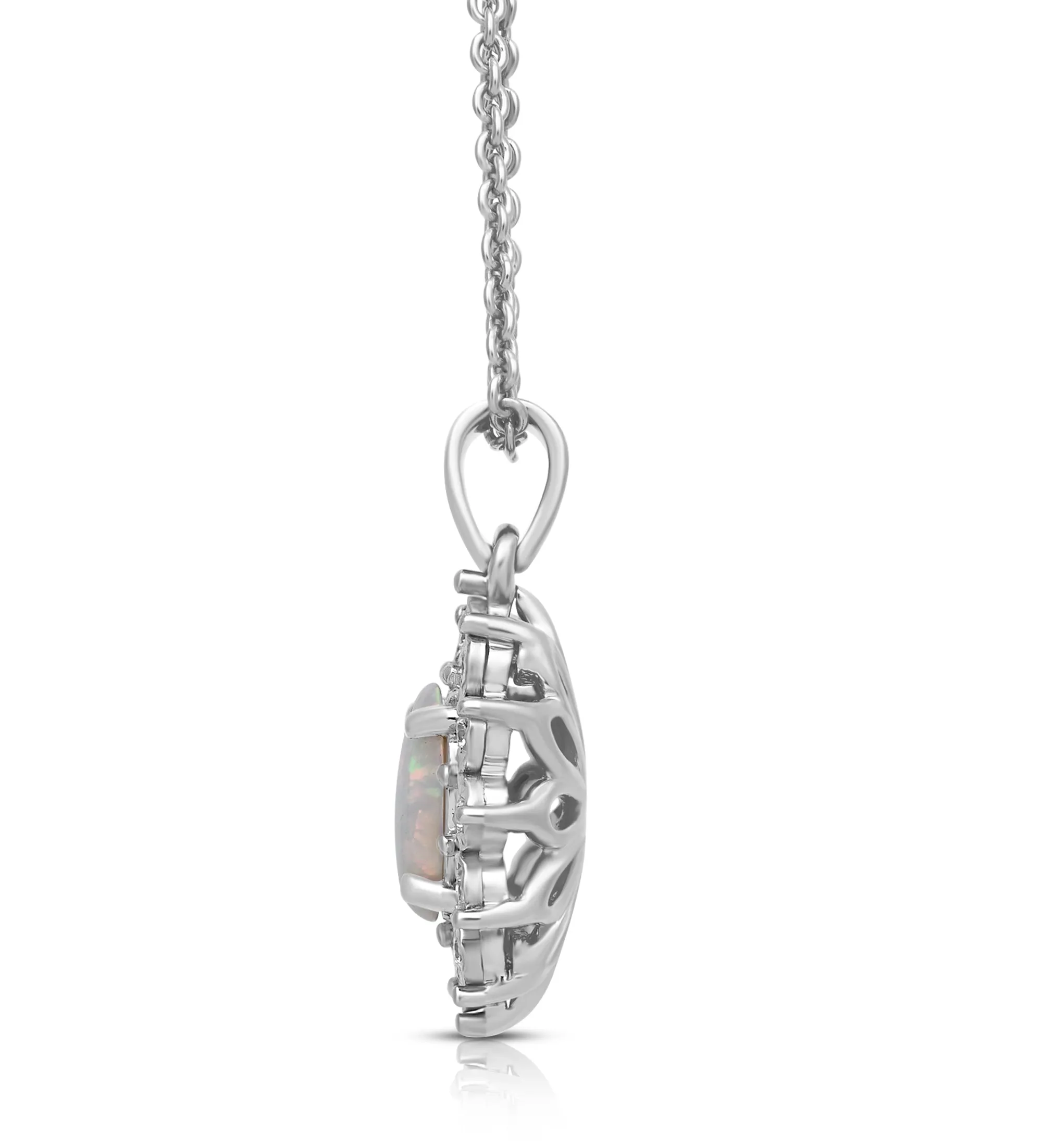 Jewelili Sterling Silver 7x5 MM Oval Cut Created Opal and 1/20 Cttw Natural White Round Diamond Halo Pendant Necklace