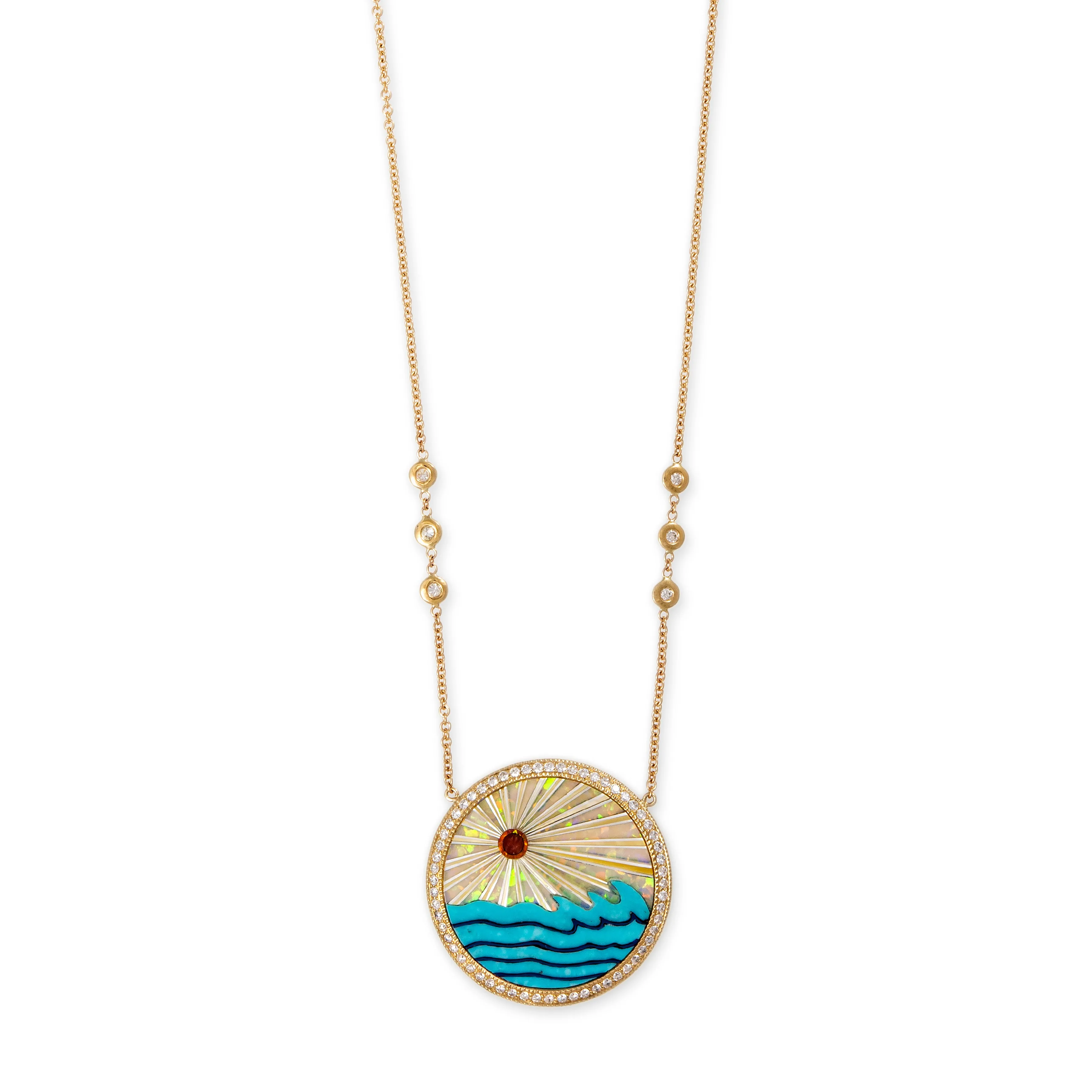PAVE ROUND OPAL RAYS   TURQUOISE WAVES INLAY NECKLACE