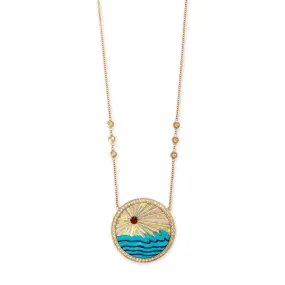 PAVE ROUND OPAL RAYS   TURQUOISE WAVES INLAY NECKLACE