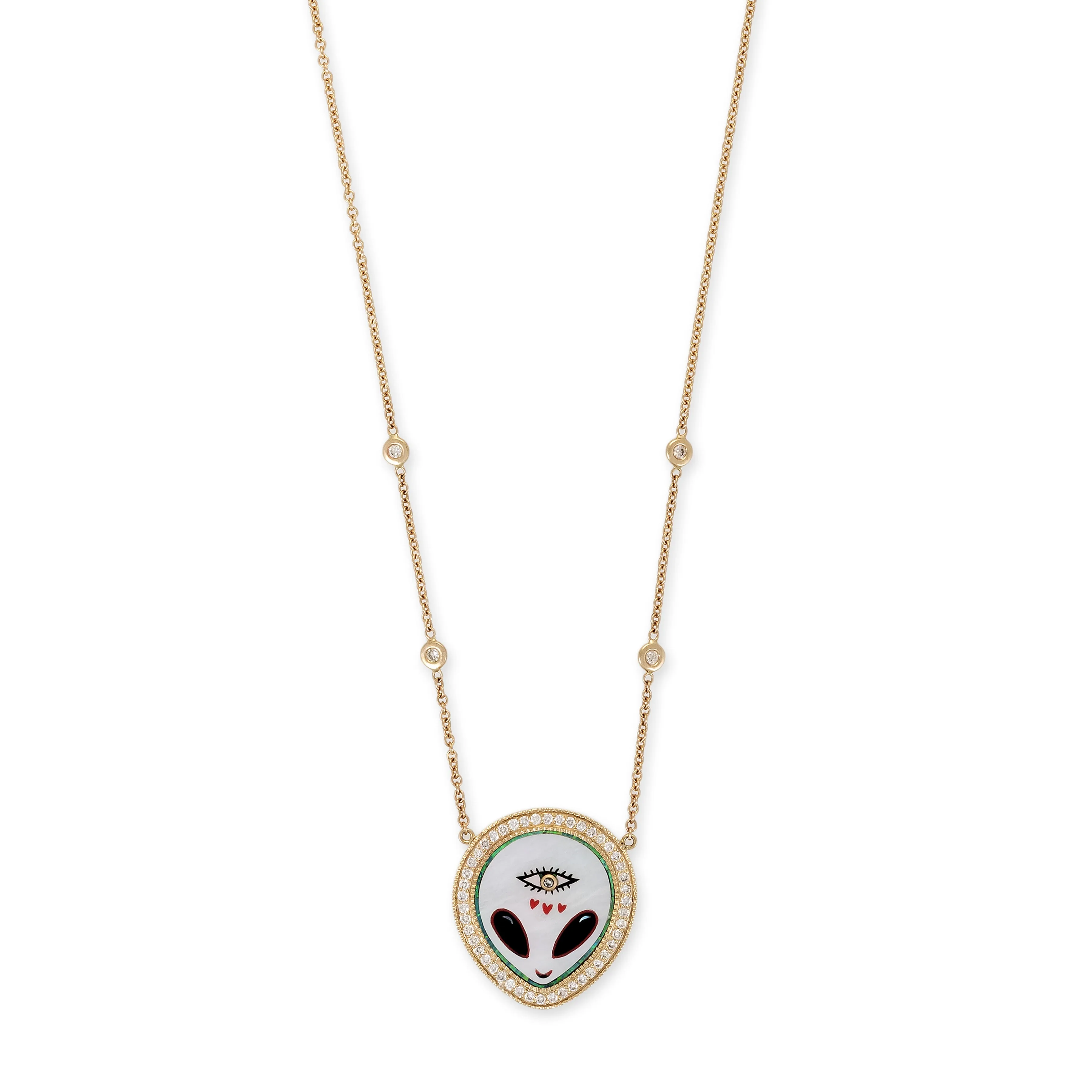 SMALL PAVE PEARL   ONYX ALIEN HEART EYE INLAY NECKLACE