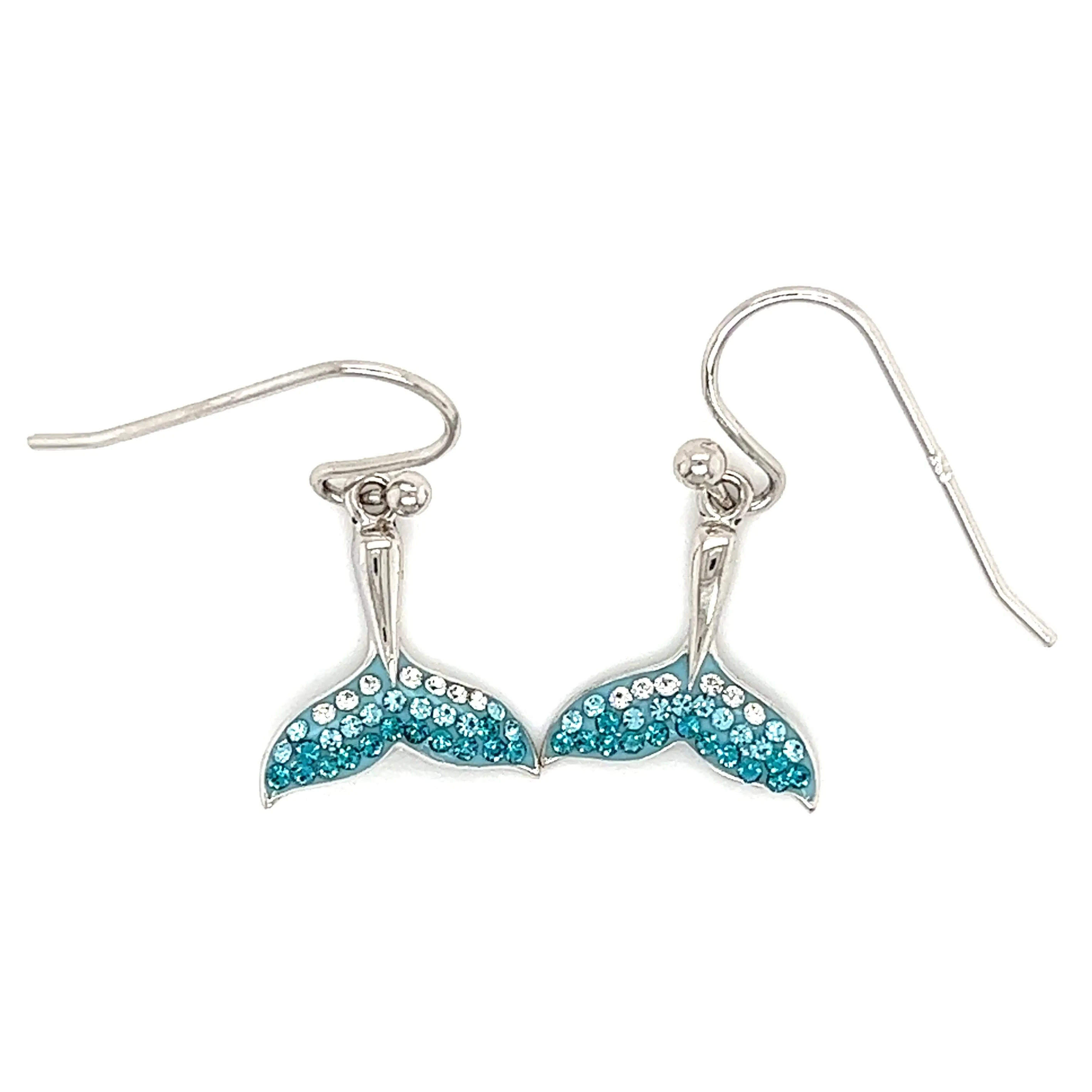 Whale Tail Dangle Earrings with Aqua Crystals in Sterling Silver