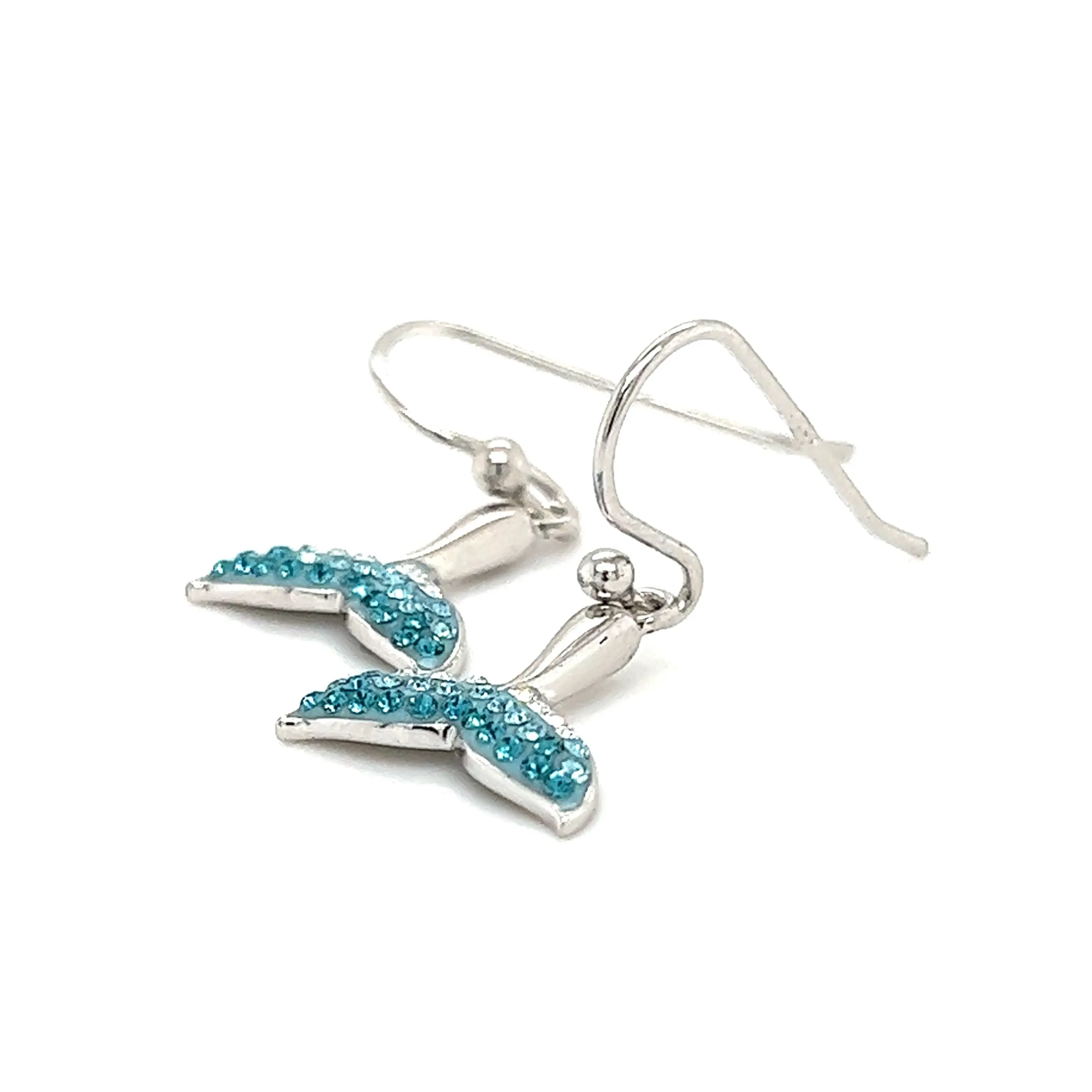 Whale Tail Dangle Earrings with Aqua Crystals in Sterling Silver